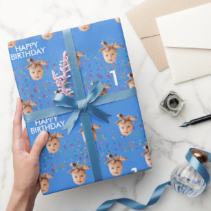 Papier Cadeau Blue Custom Face Photo Enfants 1ère fête d'anniver