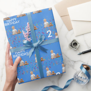 Papier Cadeau Blue Custom Face Photo Enfants 2e fête d'anniversa