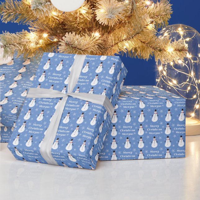 Papier Cadeau Blue Cute Snowman Snowflake Joyeux Noël Nom (Vacances)