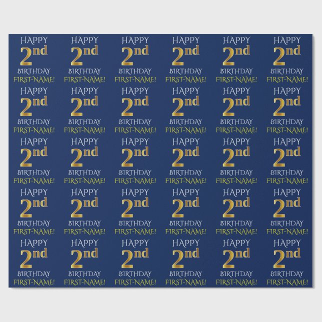 Papier Cadeau Blue, Faux Gold "HAPPY 2nd BIRTHDAY" (Plat)