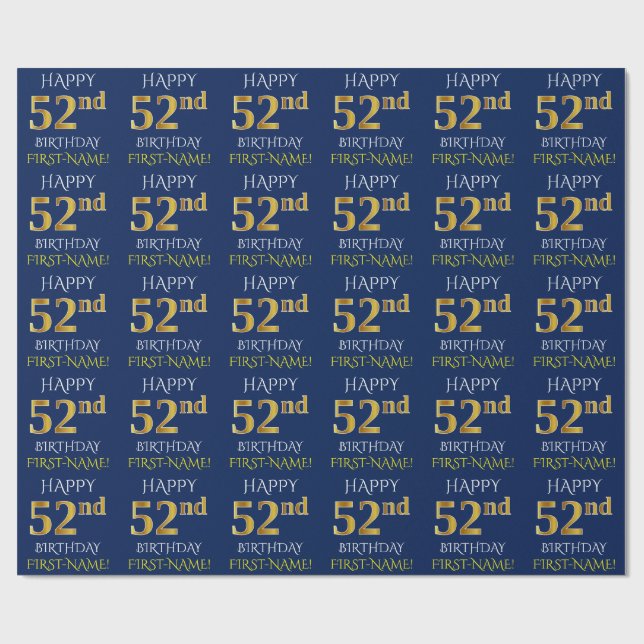 Papier Cadeau Blue, Faux Gold "HAPPY 52nd BIRTHDAY" (Plat)