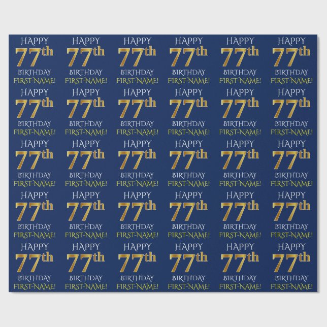 Papier Cadeau Blue, Faux Gold "HAPPY 77th BIRTHDAY" (Plat)