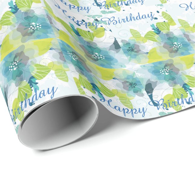 Papier Cadeau Blue Floral Joyeux cadeau d'anniversaire enveloppé (Coin rond)