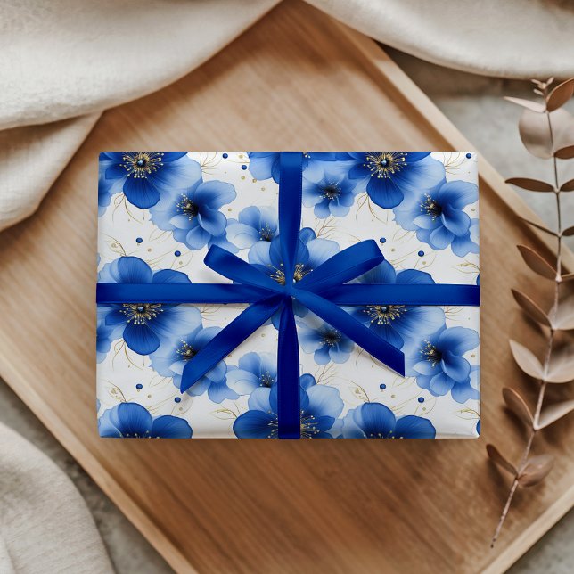 Papier Cadeau Blue Floral Pattern with Gold Accents (Créateur téléchargé)
