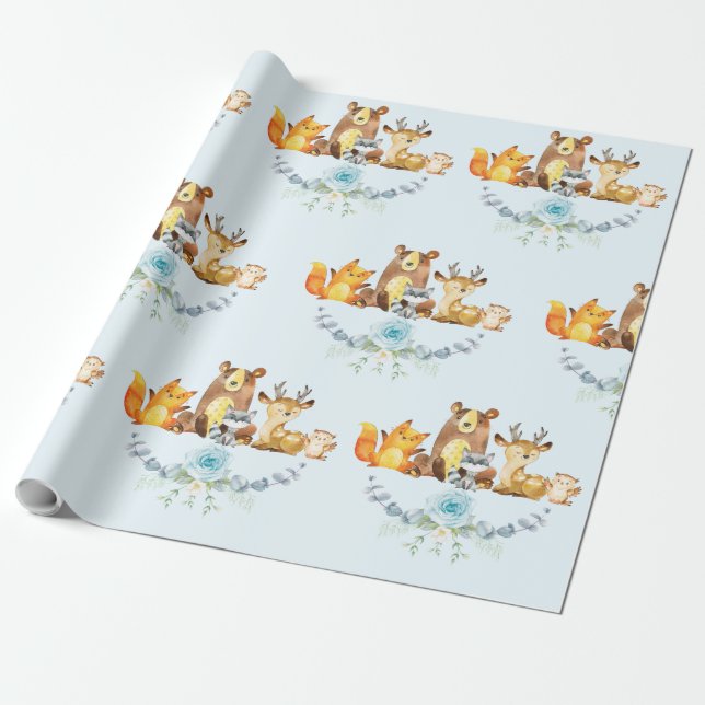Papier Cadeau Blue Floral Woodland Baby Boy Shoy 1er Anniversair (Déroulé)