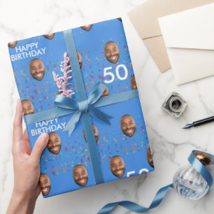 Papier Cadeau Blue Funny Custom Face Photo 50th Birthday Party
