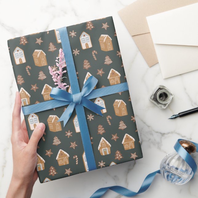 Papier Cadeau Blue Gingerbread House Christmas Pattern (Cadeaux)