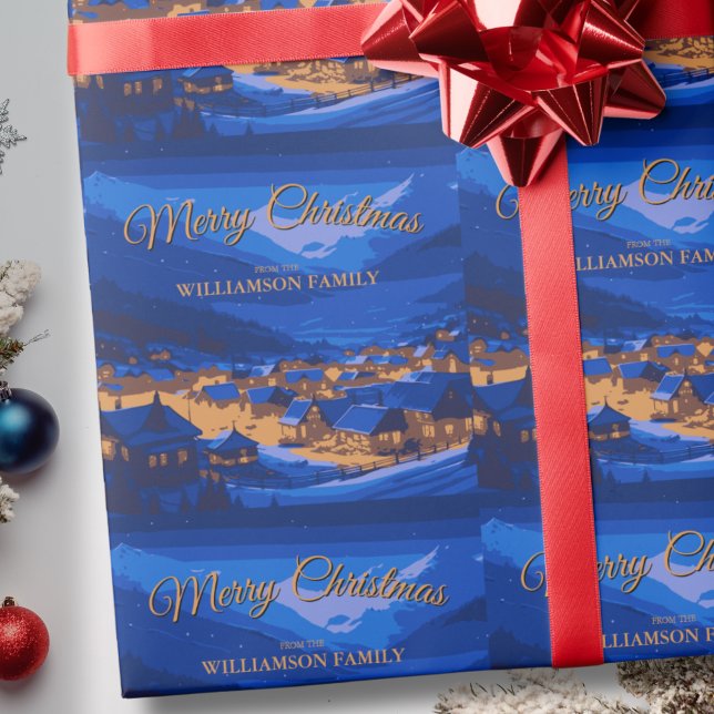 Papier Cadeau Blue Gold Custom Winter Village Noël (Créateur téléchargé)