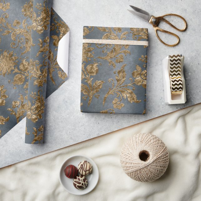 Papier Cadeau Blue & Gold Damask Faux Velvet Holiday (Artisanat)