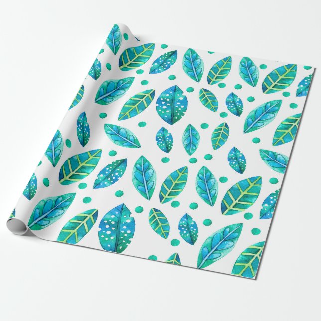 Papier Cadeau Blue -Green Leafs Motif sans couture (Déroulé)