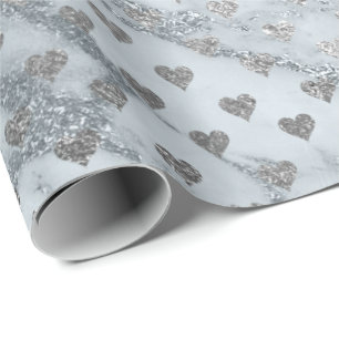 Papier Cadeau Blue Grey Marbre Argent Coeurs de pierre Confetti