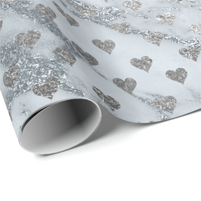 Papier Cadeau Blue Grey Marbre Argent Coeurs de pierre Confetti (Coin rond)