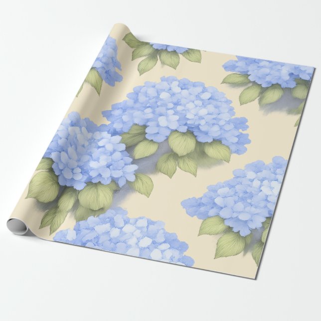 Papier Cadeau Blue Hydrangea Floral Wrapping Paper (Déroulé)