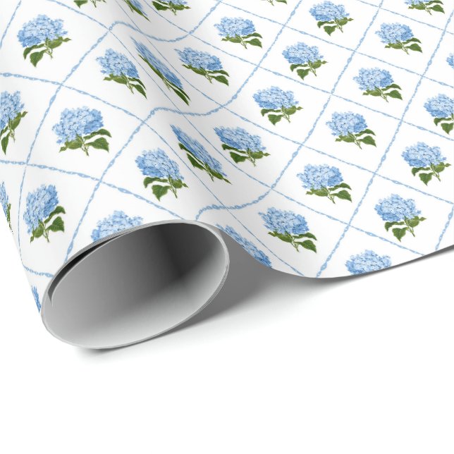 Papier Cadeau Blue Hydrangea Grandmillennial (Coin rond)