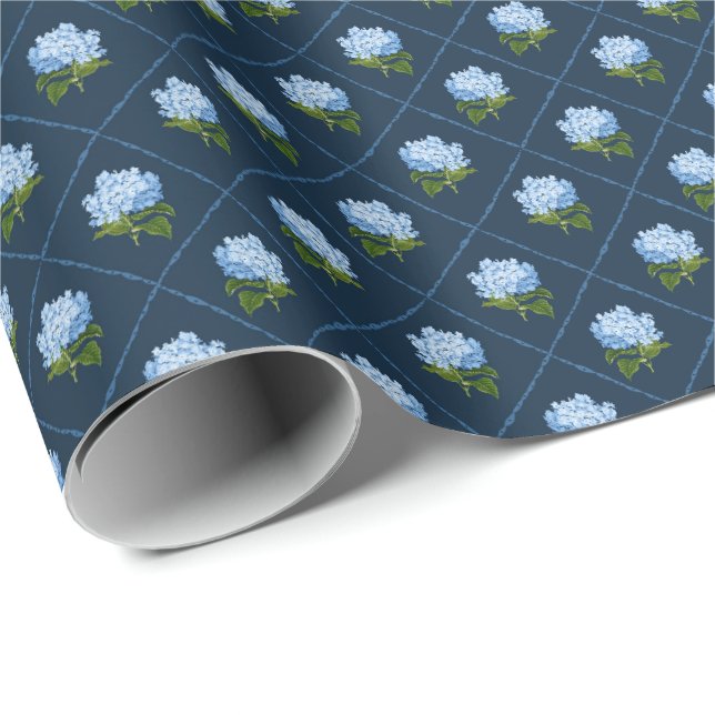 Papier Cadeau Blue Hydrangea Grandmillennial (Coin rond)