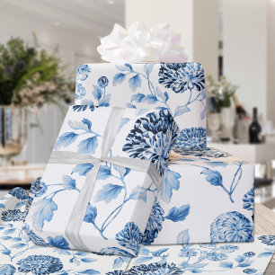 Papier Cadeau Blue Lady Moderne Vintage Grand Toile Florale Blan