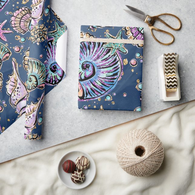 Papier Cadeau Blue Luxe sous-marin | Coquillages d'or Pastel (Artisanat)