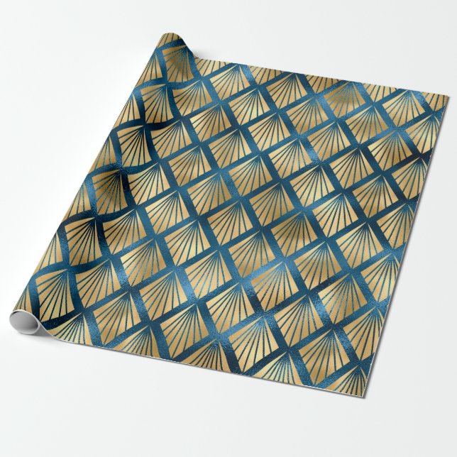 Papier Cadeau Blue Metallic Gold Abstrait Élégant cadeau chic (Déroulé)
