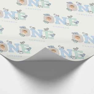 Papier Cadeau Blue & Mint Baby Ducks One Photo Boy 1er Anniversa