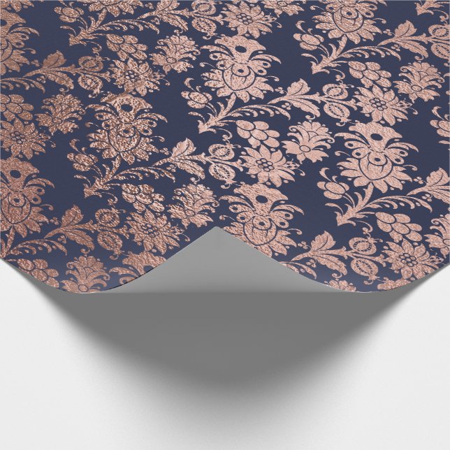 Papier Cadeau Blue Navy Rose Rose Or Poudre Faux Blush Floral (Coin)