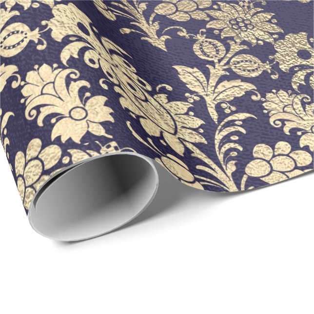 Papier Cadeau Blue Navy Royal Chic Foxier Gold Powder Floral (Coin rond)