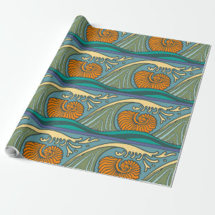 Papier Cadeau Blue Ocean Waves Nautilus Seashell Motif Nouveau