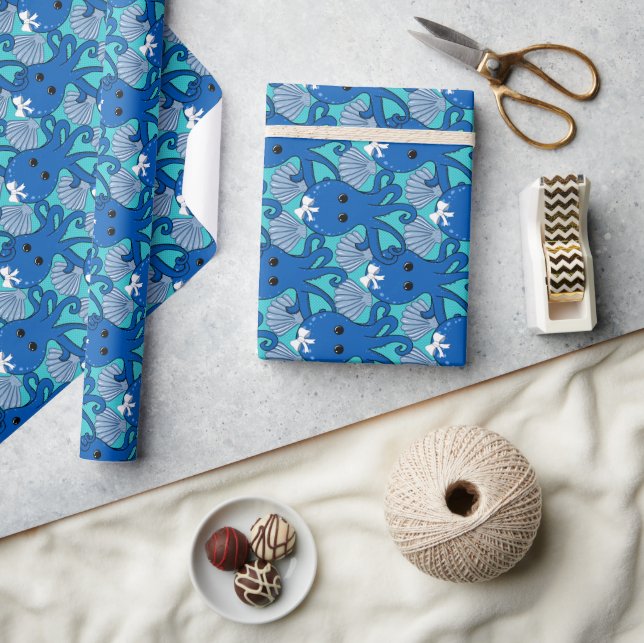 Papier Cadeau Blue Octopus with Bow Wrapping Paper (Artisanat)