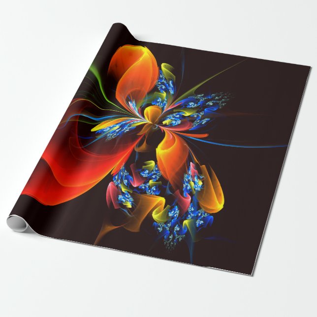Papier Cadeau Blue Orange Floral Moderne Art Abstrait Motif #03 (Déroulé)