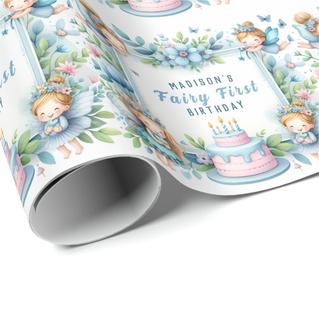 Papier Cadeau Blue Pastel Floral Fairy First Birday - (Coin rond)