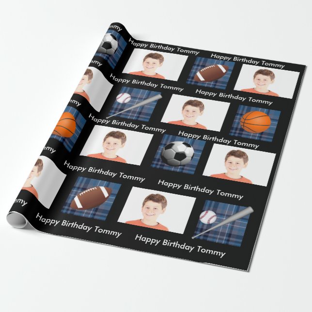 Papier Cadeau Blue Plaid & Sports avec photo Anniversaire (Déroulé)