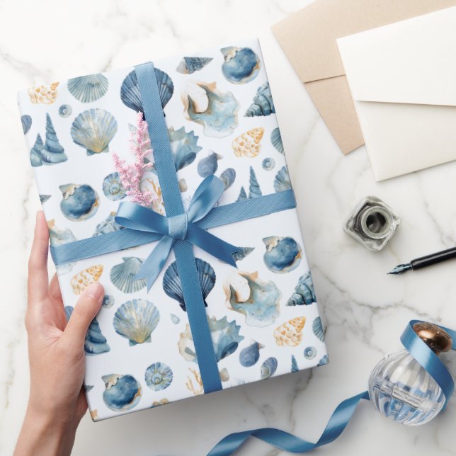 Papier Cadeau Blue Seashell Summer Wrapping Paper  (Cadeaux)