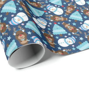 Papier Cadeau Blue Snowman et Blue Christmas Tree
