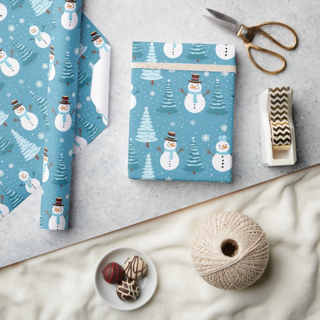 Papier Cadeau Blue Snowmen Arbre de Noël Enfants Motif Cadeau (Artisanat)