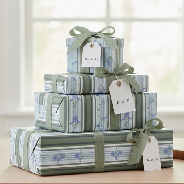 Papier Cadeau Blue Striped Floral Archive Personalized Wrapping  (Créateur téléchargé)