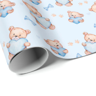 Papier Cadeau Blue Teddy Bear Baby Shower Giftwrapping Paper