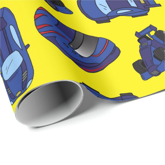 Papier Cadeau Blue Toy Racing Cars et Casques Crash Motorsport (Coin rond)
