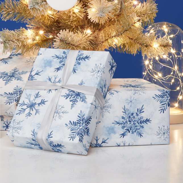 Papier Cadeau Blue White Christmas Pine Trees Snowflakes (Vacances)