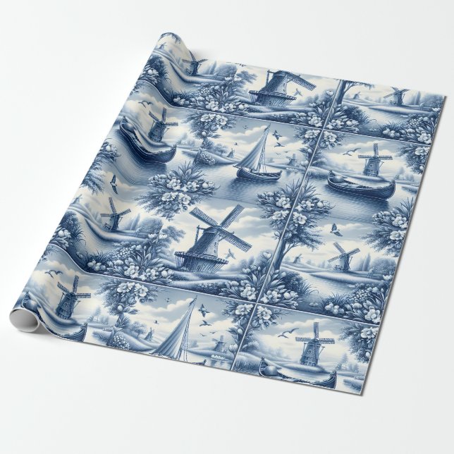 Papier Cadeau Blue & White Dutch Landscape Pattern • Tile-Inspir (Déroulé)