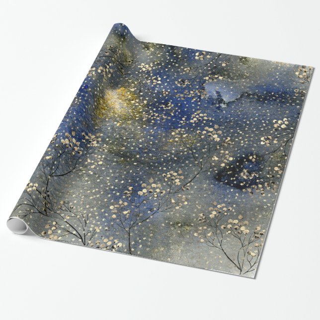 Papier Cadeau Blue Winter Dusk Sky Gold Berries et neige (Déroulé)