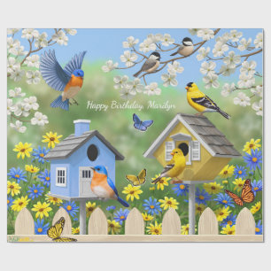 Papier Cadeau Bluebirds Goldfinches Birdhouses Jardin aux fleurs