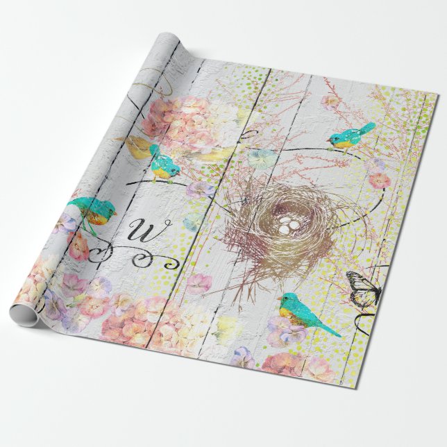 Papier Cadeau Bluebirds Pink Hydrangea Birds Nid Monogramme (Déroulé)