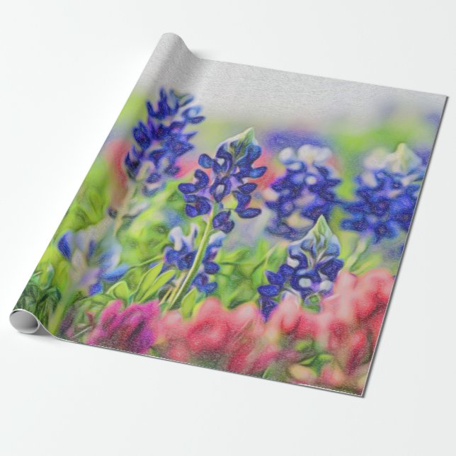 Papier Cadeau Bluebonnet impressionniste sur papier d'enveloppem (Déroulé)