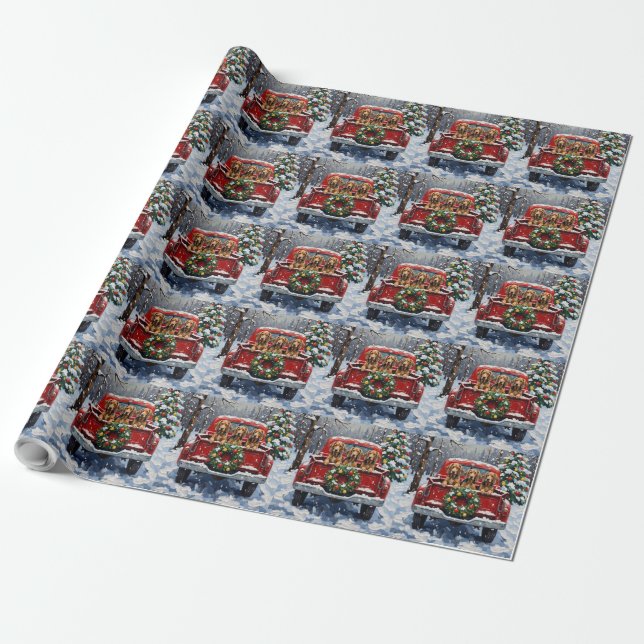 Papier Cadeau Bluetick Coonhound Christmas Red Truck Holiday (Déroulé)