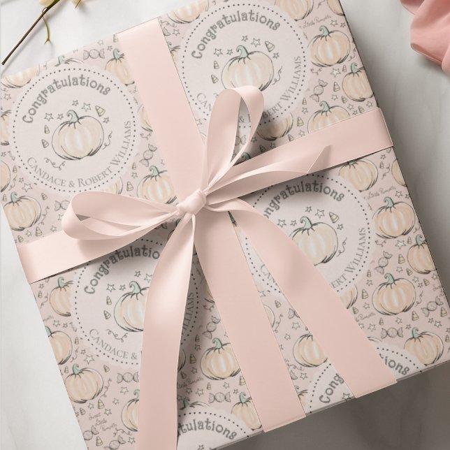 Papier Cadeau Blush Pink Little Citrouille Baby Félicitations (Cute Blush Pink Halloween Baby Shower Congratulations Pumpkin & Candy Pattern for New Mother)