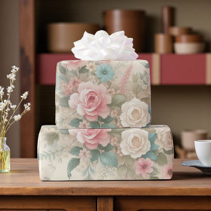 Papier Cadeau Blush Rose Pâle et Vert Sauge Shabby Chic Bohème F