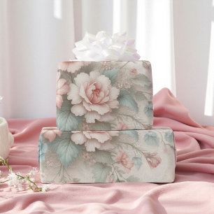 Papier Cadeau Blush Rose Pâle et Vert Sauge Shabby Chic Floral B