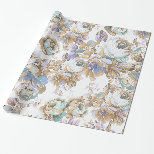 Papier Cadeau Bohème brun lavande brun turquoise rose floral (Déroulé)