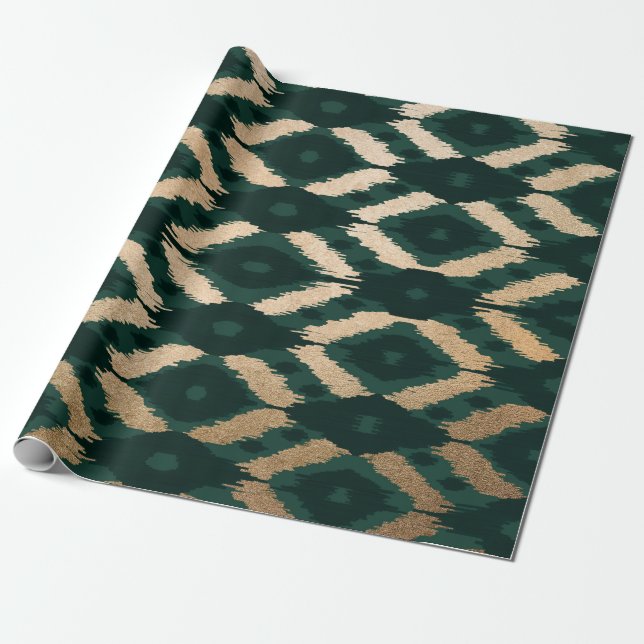 Papier Cadeau Bohême Gold Forest Green Ikat Motif (Déroulé)