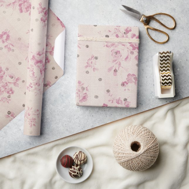 Papier Cadeau Bohème pastel rose rayures pois florales (Artisanat)