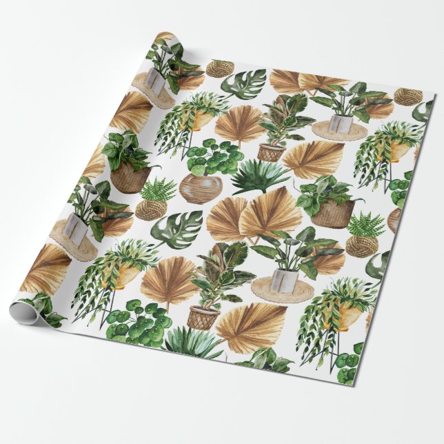 Papier Cadeau Boho Aquarelle Motif intérieur Maison Plante W (Déroulé)